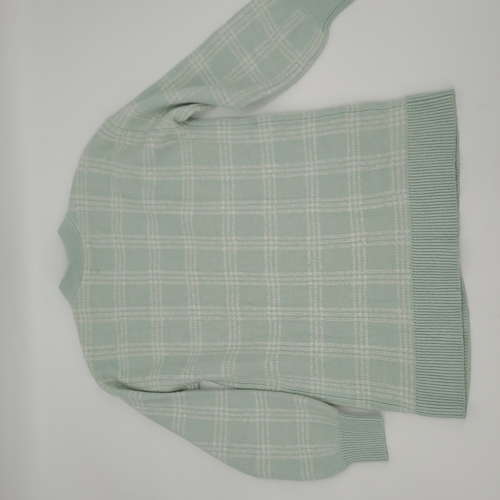 NWT LOFT Seafoam Green/White Plaid Long‎ Cardigan Women's Size M - Picture 2 of 9